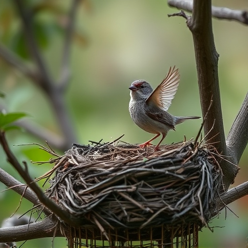 Sparrow leaving an abandoned nest