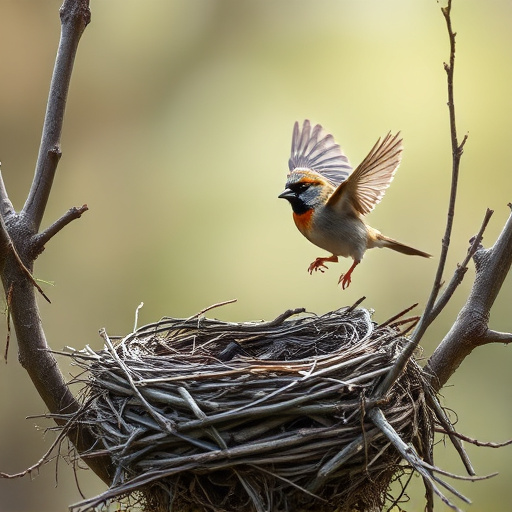 Sparrow leaving an abandoned nest