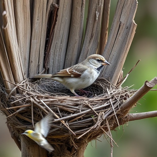Sparrow leaving an abandoned nest