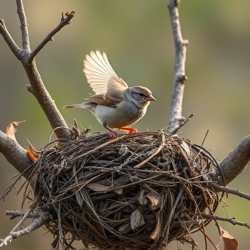 Sparrow leaving an abandoned nest