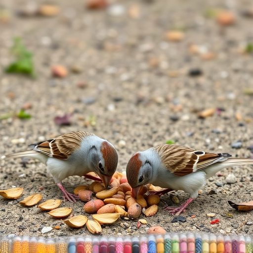 Sparrows eating seeds on ground