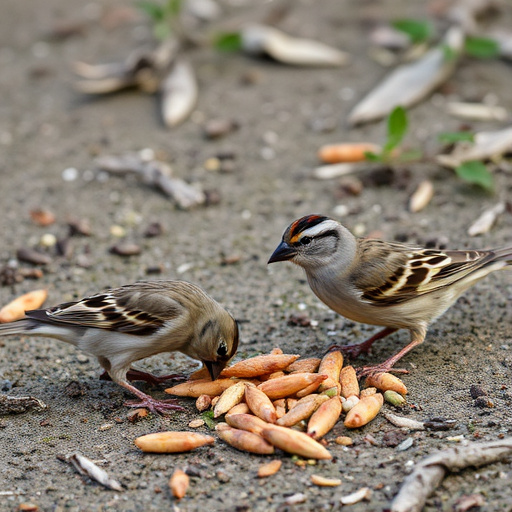Sparrows eating seeds on ground