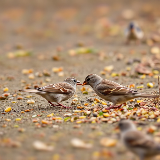 Sparrows eating seeds on ground