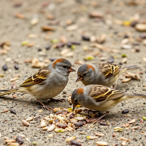 Sparrows eating seeds on ground