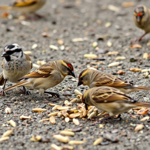 Sparrows eating seeds on ground