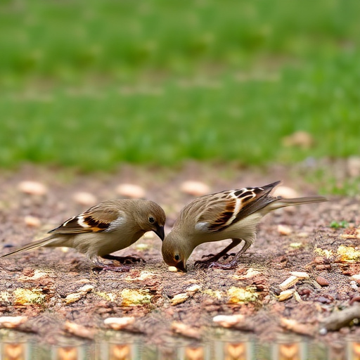 Sparrows eating seeds on ground