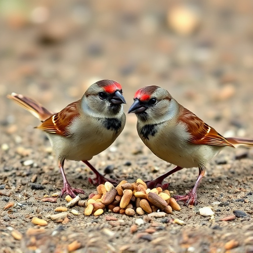 Sparrows eating seeds on ground