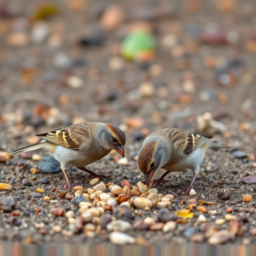 Sparrows eating seeds on ground