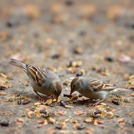Sparrows eating seeds on ground
