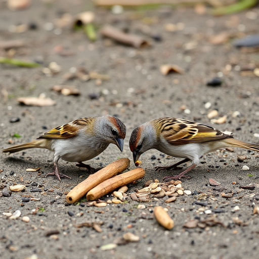 Sparrows eating seeds on ground