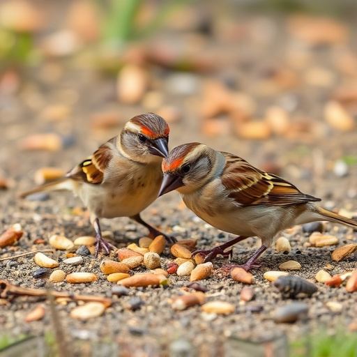 Sparrows eating seeds on ground