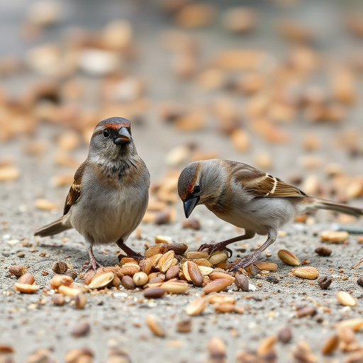 Sparrows eating seeds on ground