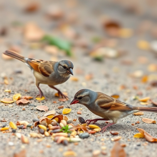Sparrows eating seeds on ground