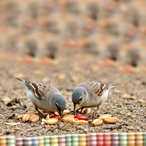 Sparrows eating seeds on ground