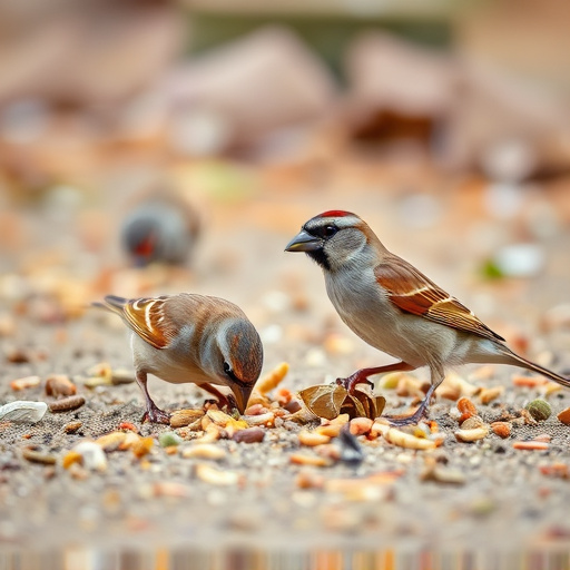 Sparrows eating seeds on ground