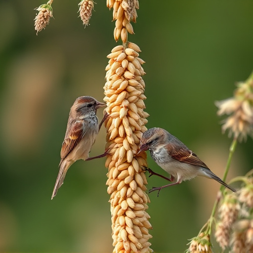 Sparrows feeding on millet seeds