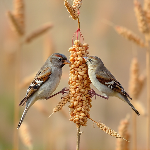 Sparrows feeding on millet seeds