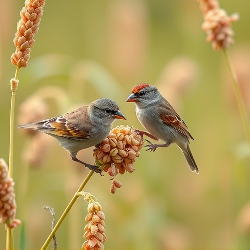 Sparrows feeding on millet seeds