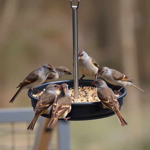 Sparrows gathering around seed tray