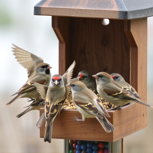 Sparrows gathering around seed tray
