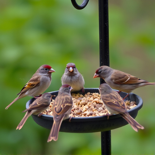 Sparrows gathering around seed tray