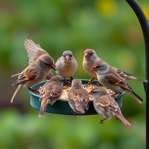 Sparrows gathering around seed tray