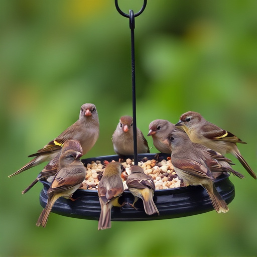 Sparrows gathering around seed tray