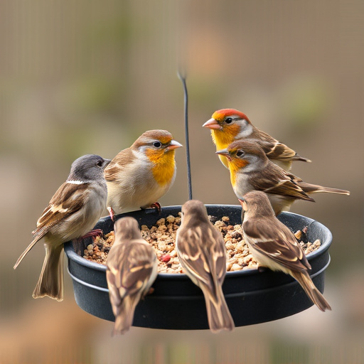 Sparrows gathering around seed tray