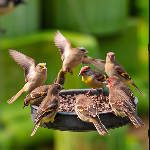 Sparrows gathering around seed tray