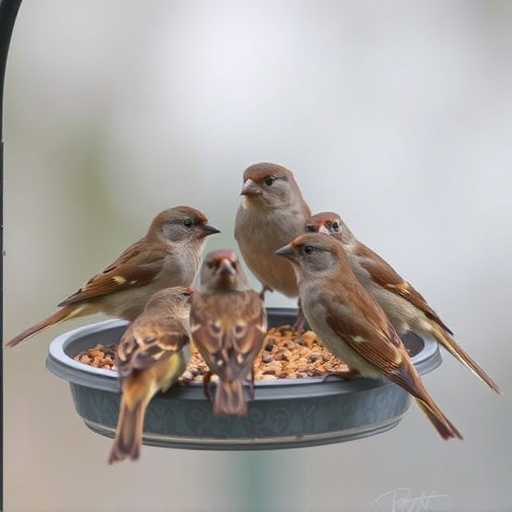 Sparrows gathering around seed tray
