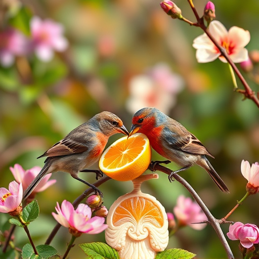 Spring garden birds eating fruit slices