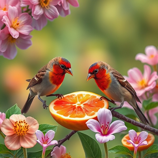 Spring garden birds eating fruit slices