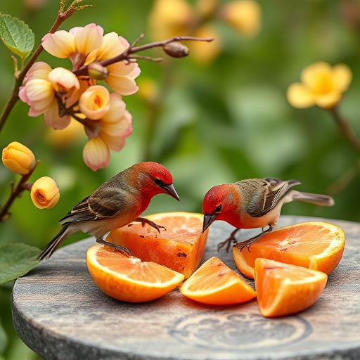 Spring garden birds eating fruit slices
