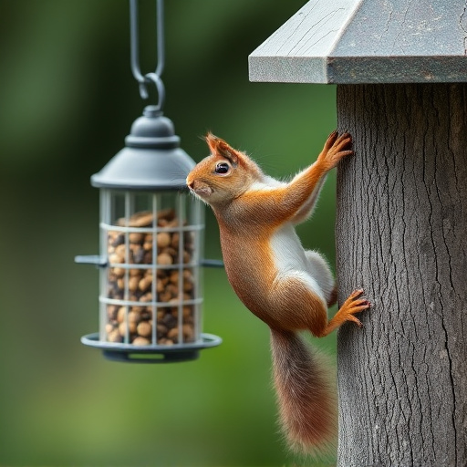 Squirrel climbing near protected bird feeder