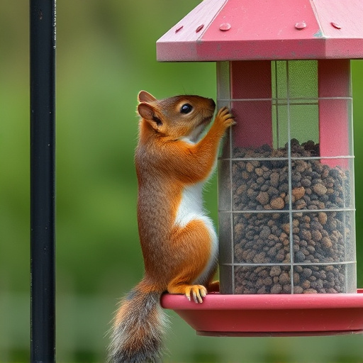 Squirrel climbing near protected bird feeder