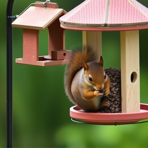 Squirrel climbing near protected bird feeder