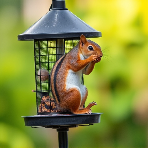 Squirrel climbing near protected bird feeder