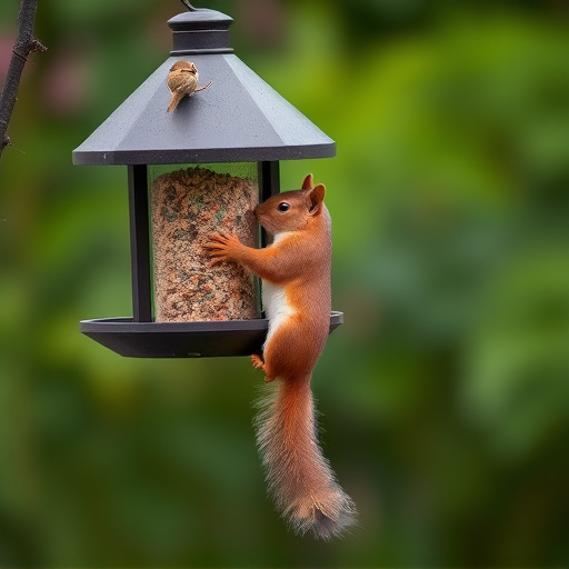 Squirrel climbing near protected bird feeder