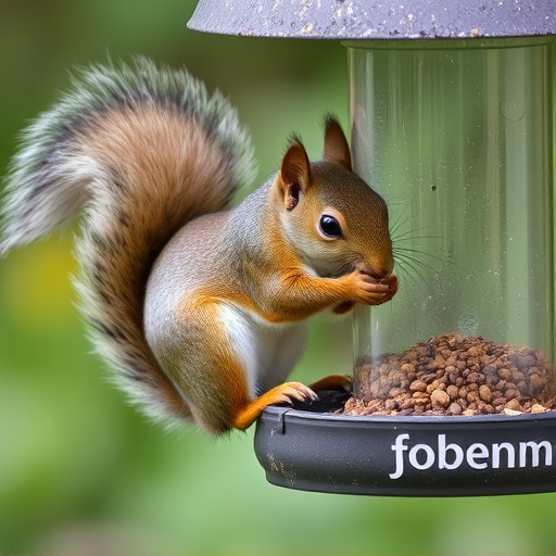 Squirrel nibbling on garden bird feeder blocked