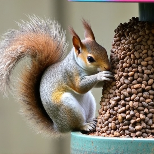 Squirrel nibbling on garden bird feeder blocked