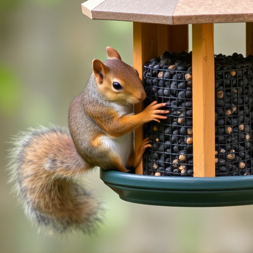 Squirrel nibbling on garden bird feeder blocked