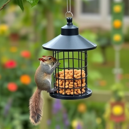 Squirrel-proof peanut feeder hanging in garden