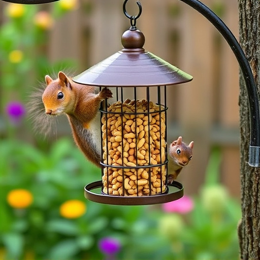 Squirrel-proof peanut feeder hanging in garden