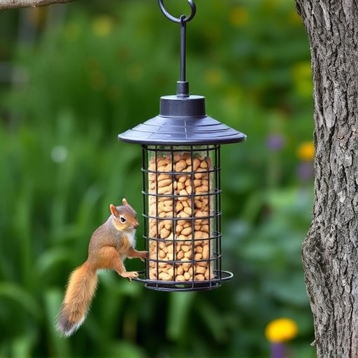 Squirrel-proof peanut feeder hanging in garden