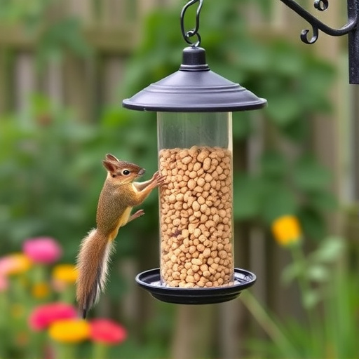 Squirrel-proof peanut feeder hanging in garden