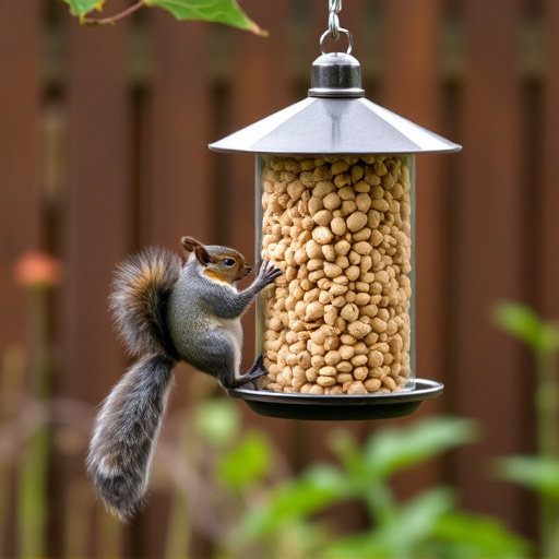 Squirrel-proof peanut feeder hanging in garden