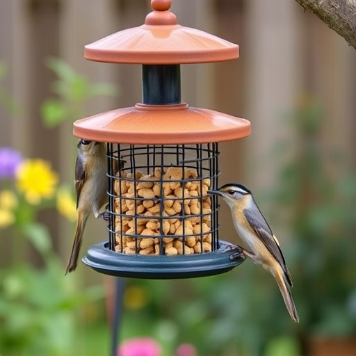 Squirrel-proof peanut feeder hanging in garden