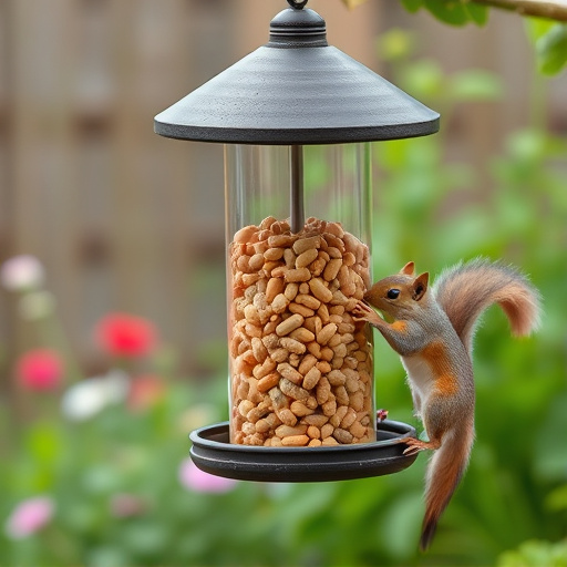 Squirrel-proof peanut feeder hanging in garden