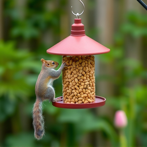 Squirrel-proof peanut feeder hanging in garden