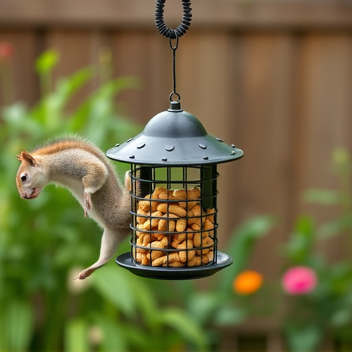 Squirrel-proof peanut feeder hanging in garden